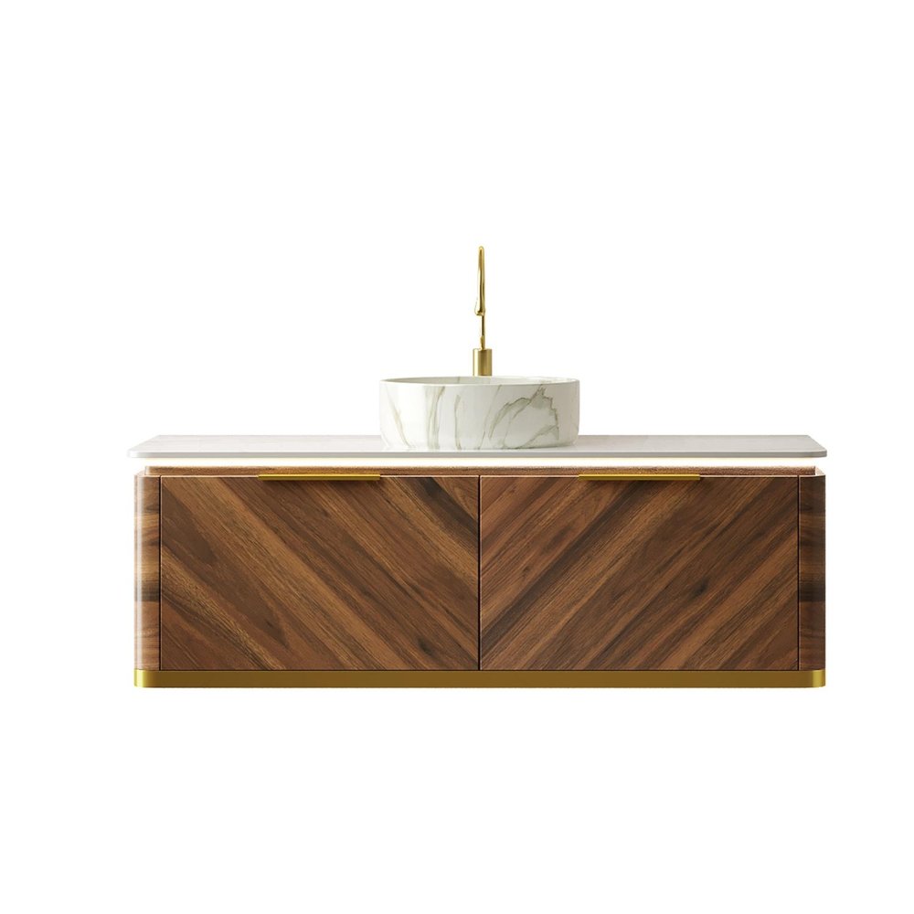 48" Brown Wood Floating Bathroom Vanity With White Sink And Two Drawers