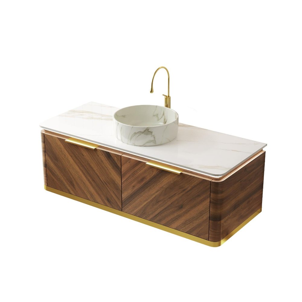 48" Brown Wood Floating Bathroom Vanity With White Sink And Two Drawers