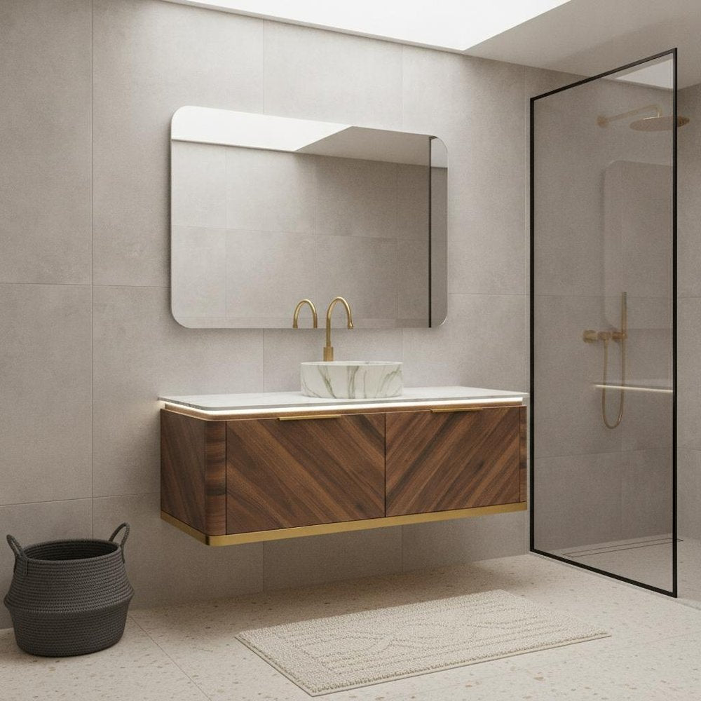 48" Brown Wood Floating Bathroom Vanity With White Sink And Two Drawers