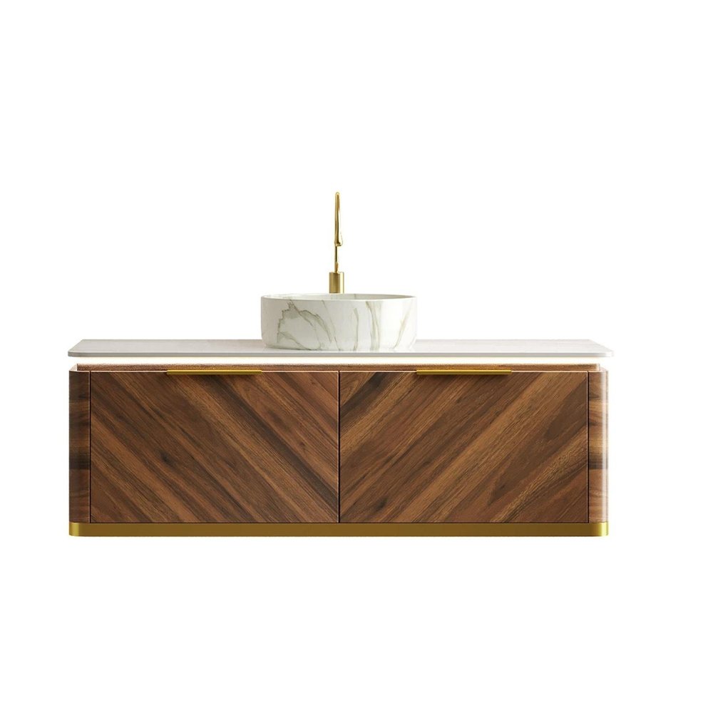 48" Brown Wood Floating Bathroom Vanity With White Sink And Two Drawers