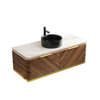 48" Brown Wood Floating Bathroom Vanity With Black Sink And Two Drawers