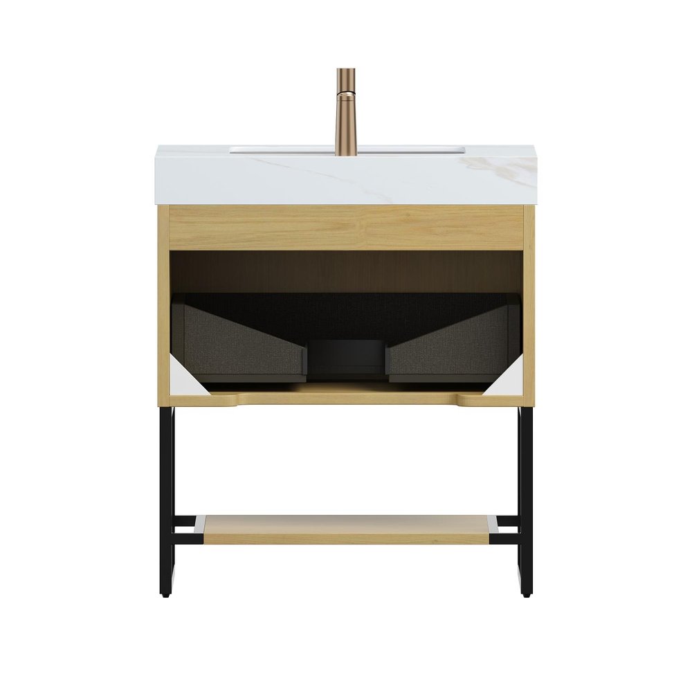 30" Brown Wood Freestanding Bathroom Vanity With White Sink
