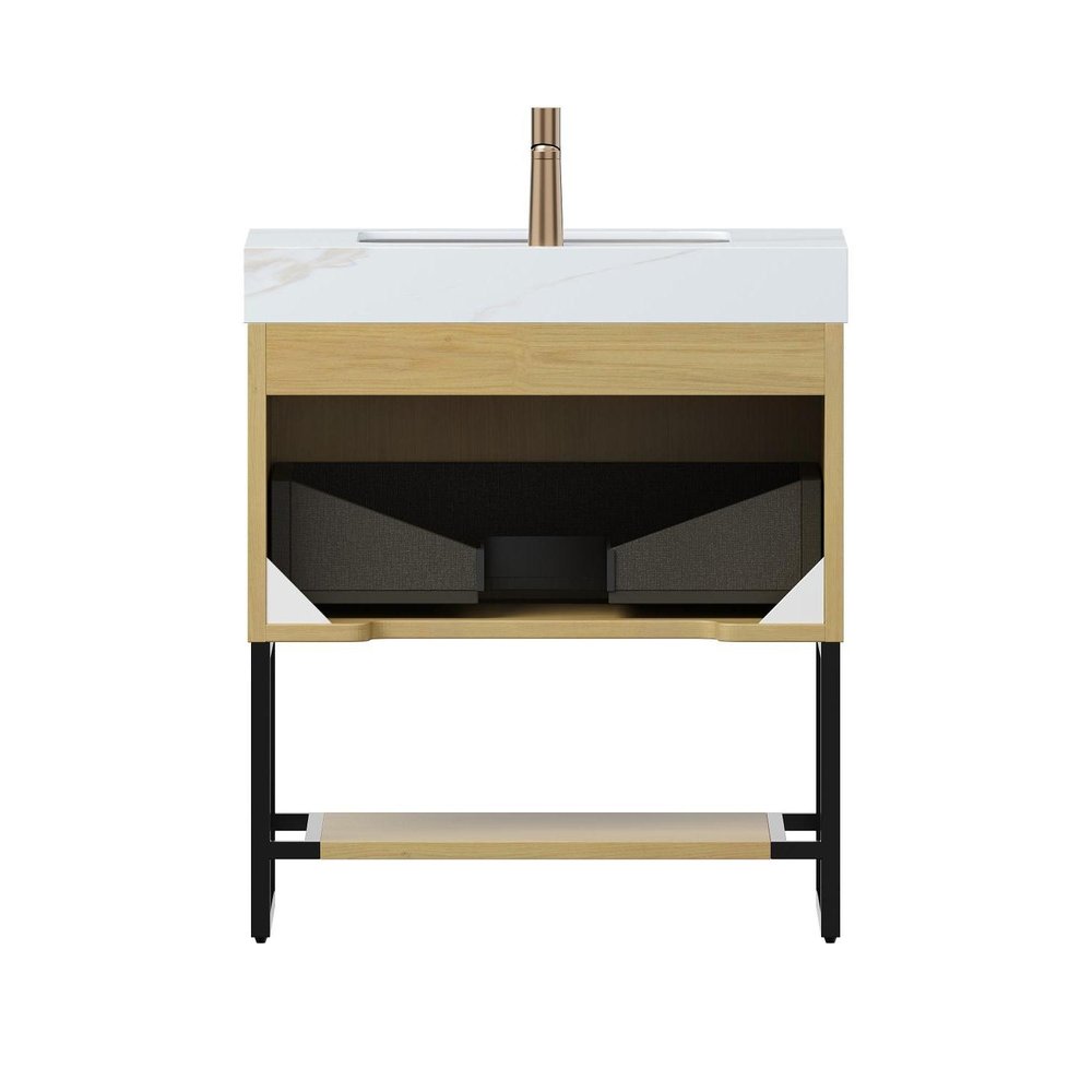 30" Brown Wood Freestanding Bathroom Vanity With White Sink