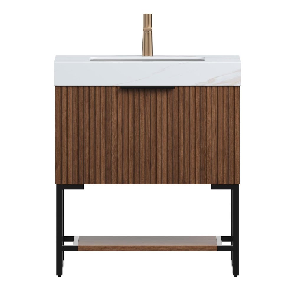 30" Brown Wood Freestanding Bathroom Vanity With White Sink