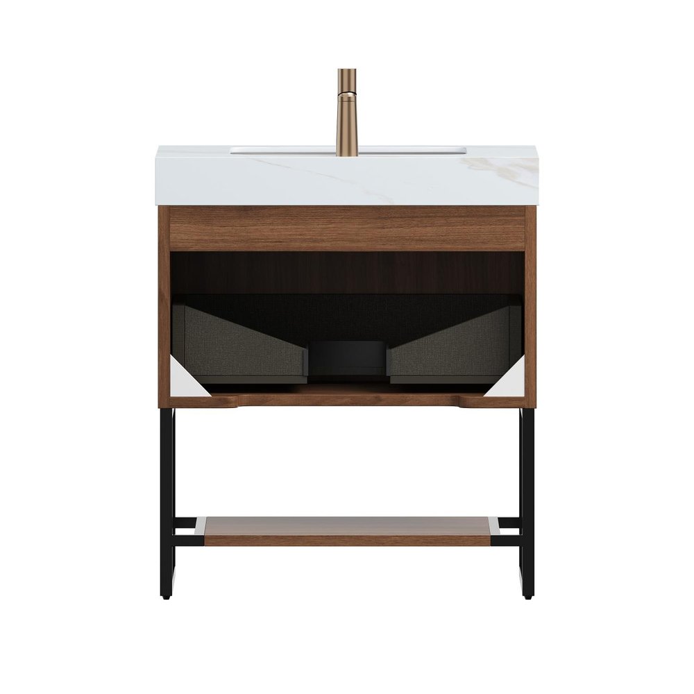30" Brown Wood Freestanding Bathroom Vanity With White Sink