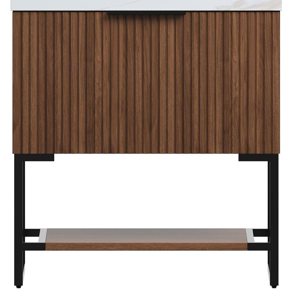 30" Brown Wood Freestanding Bathroom Vanity With White Sink