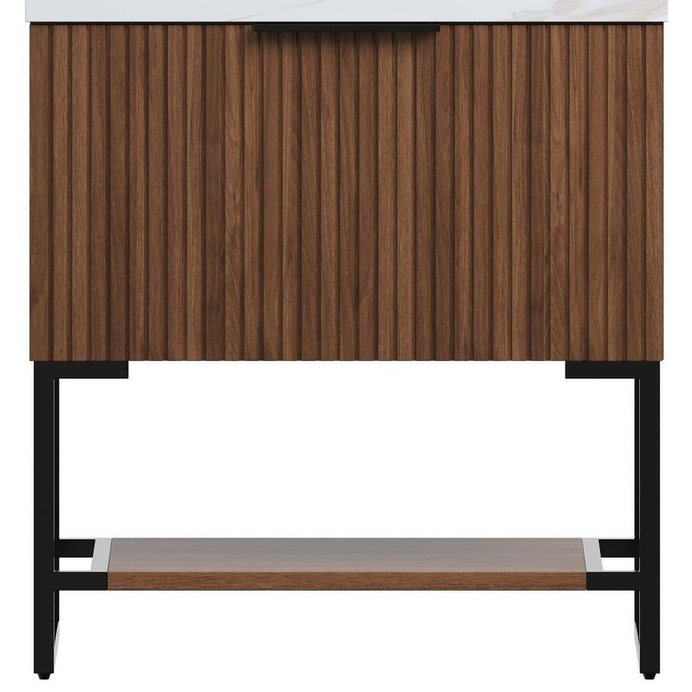 30" Brown Wood Freestanding Bathroom Vanity With White Sink