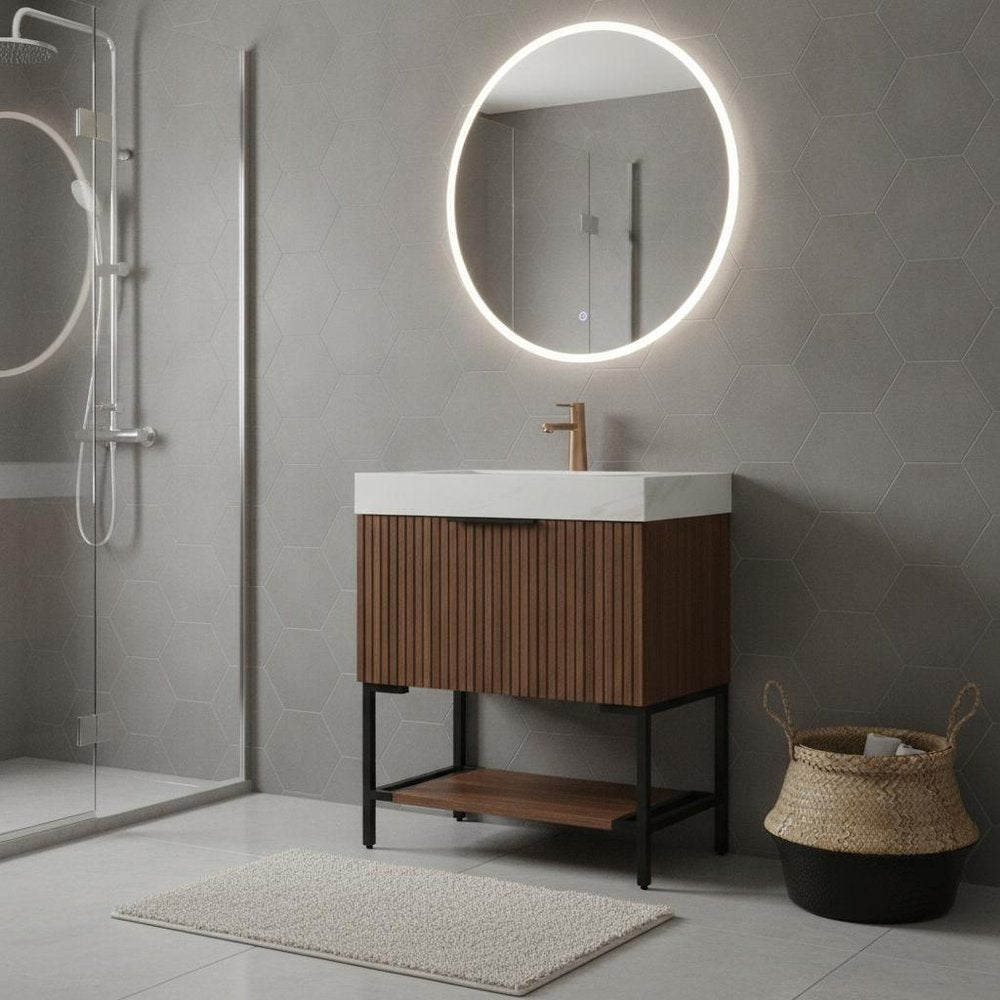 30" Brown Wood Freestanding Bathroom Vanity With White Sink
