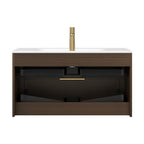 36" Brown Wood Floating Bathroom Vanity With White Sink And Two Drawers