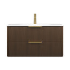 36" Brown Wood Floating Bathroom Vanity With White Sink And Two Drawers