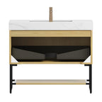 36" Brown Wood Freestanding Bathroom Vanity With White Sink