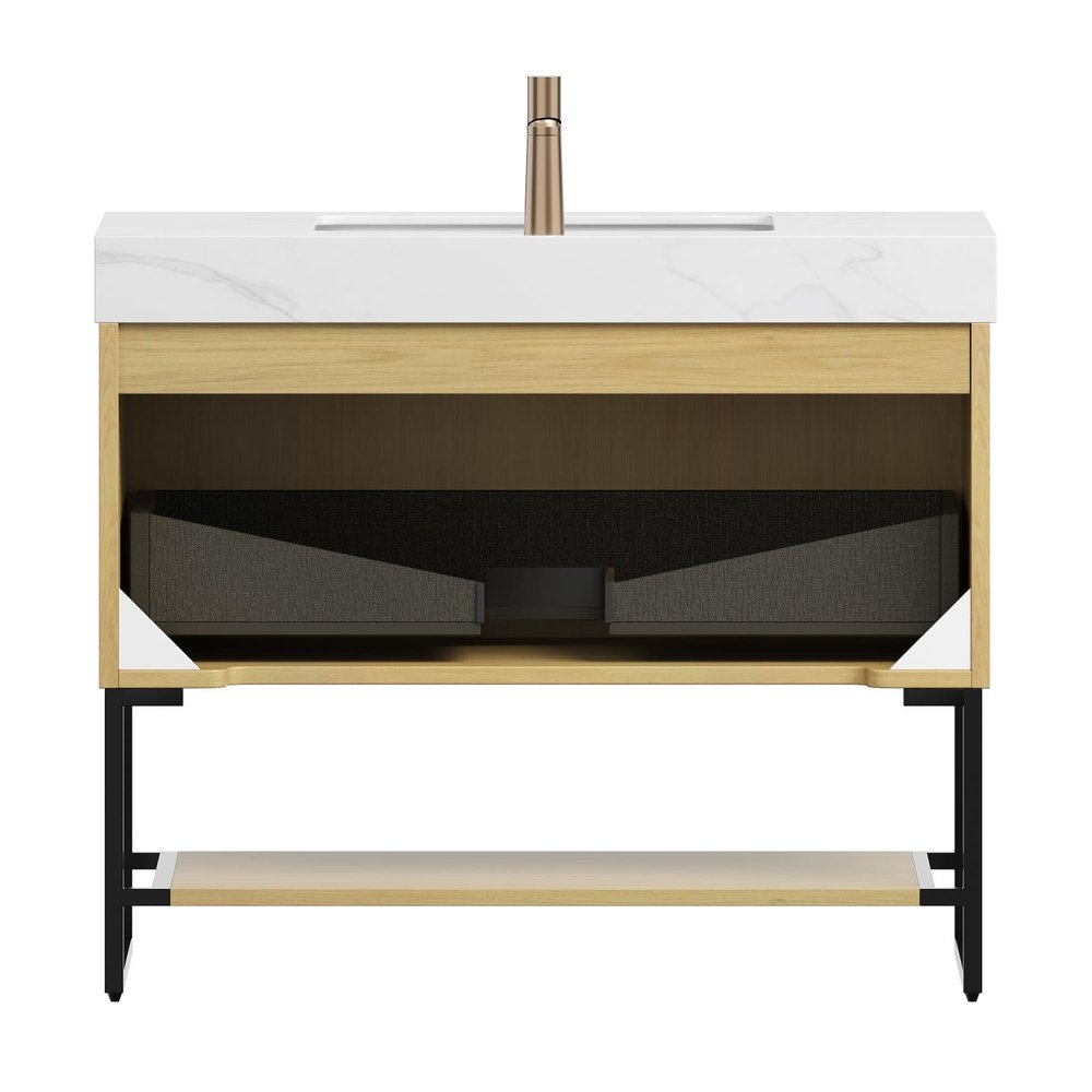 36" Brown Wood Freestanding Bathroom Vanity With White Sink