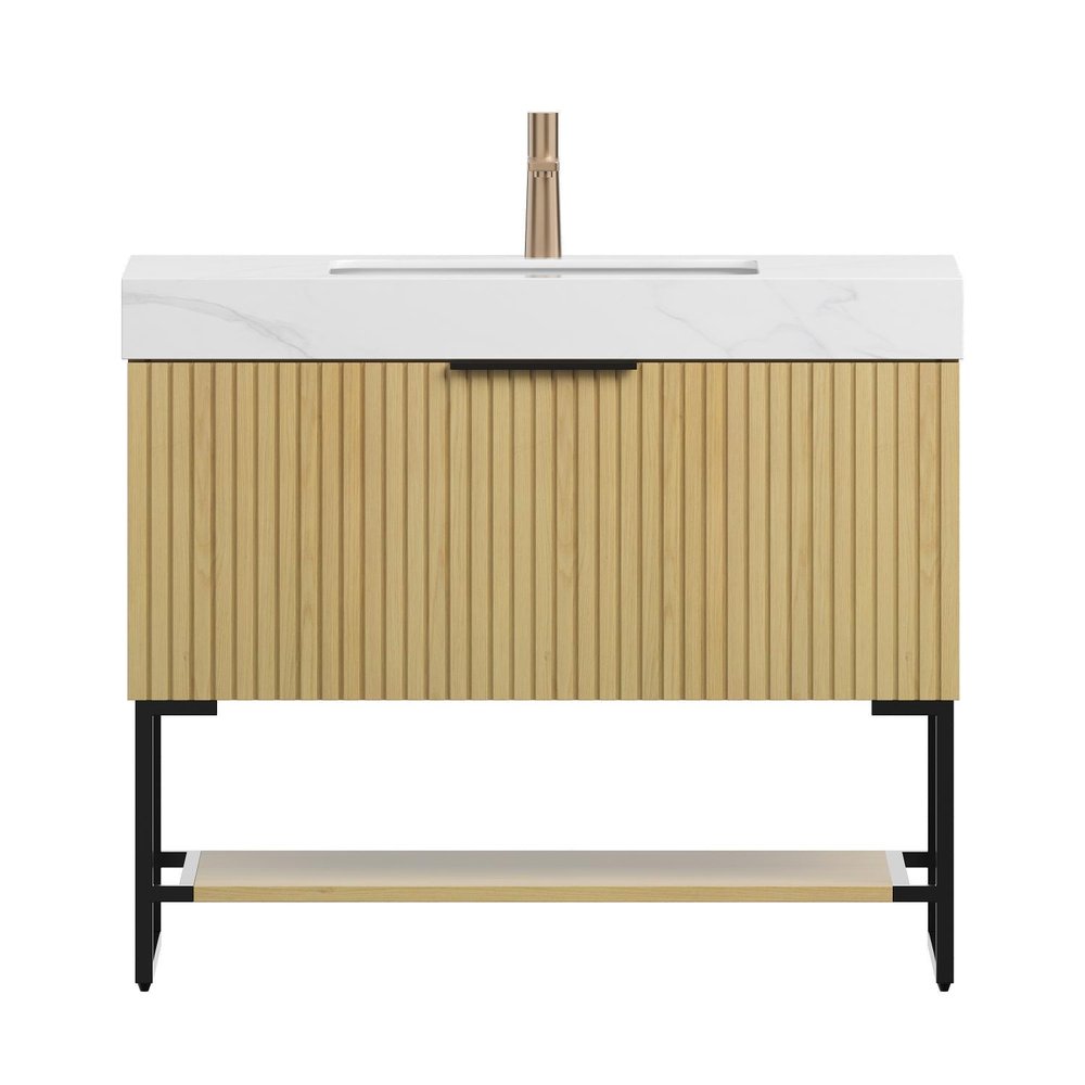 36" Brown Wood Freestanding Bathroom Vanity With White Sink