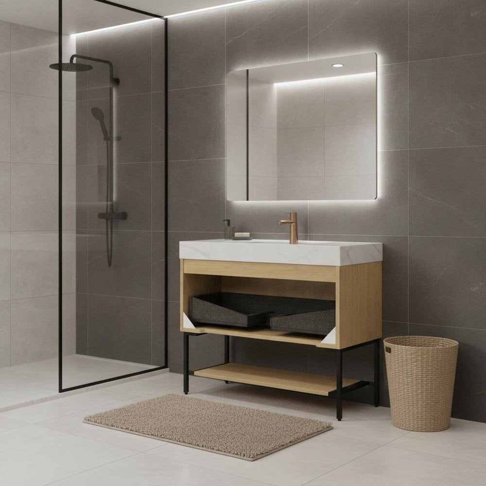 36" Brown Wood Freestanding Bathroom Vanity With White Sink