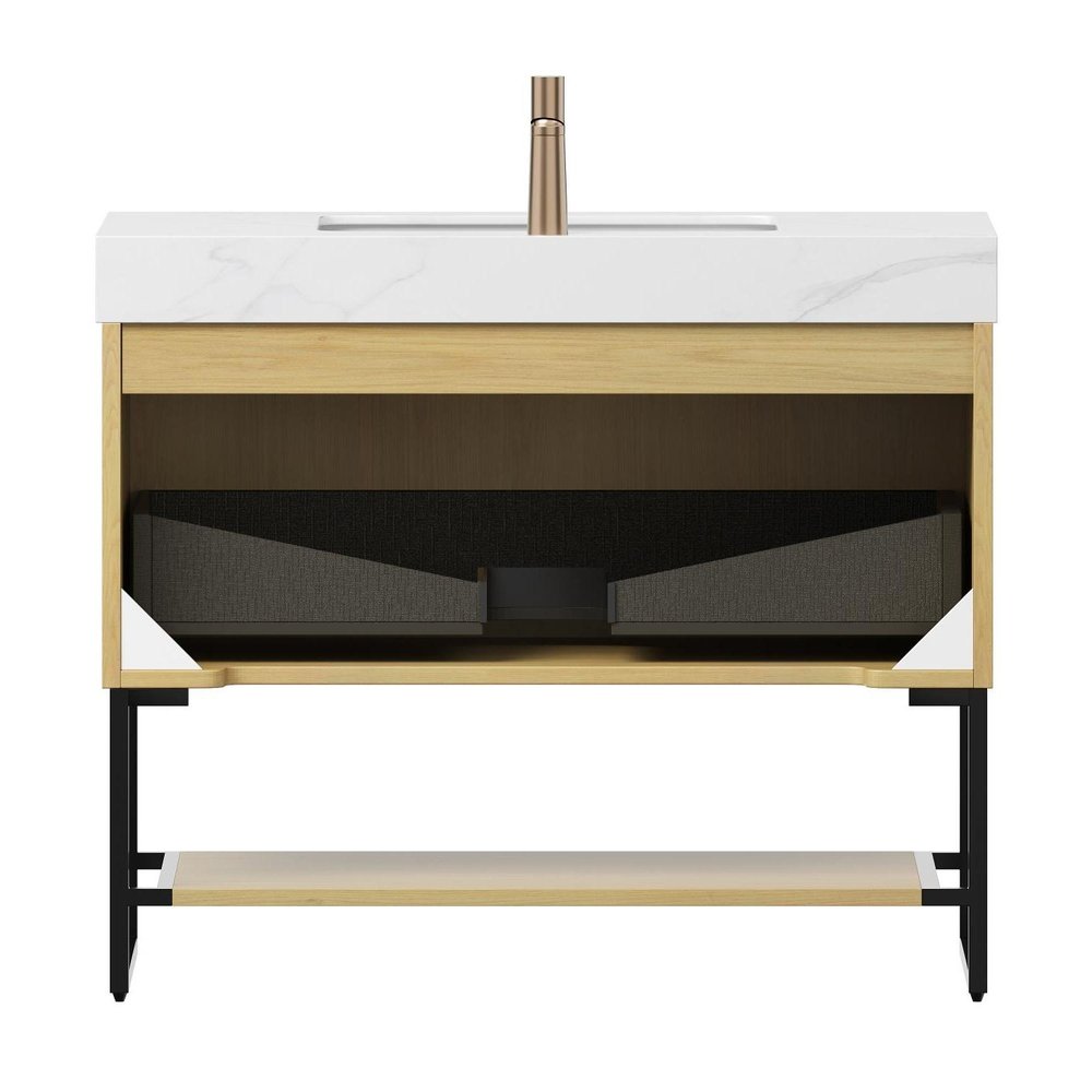36" Brown Wood Freestanding Bathroom Vanity With White Sink