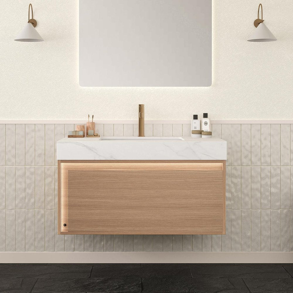 36" Brown Wood Floating Bathroom Vanity With White Sink