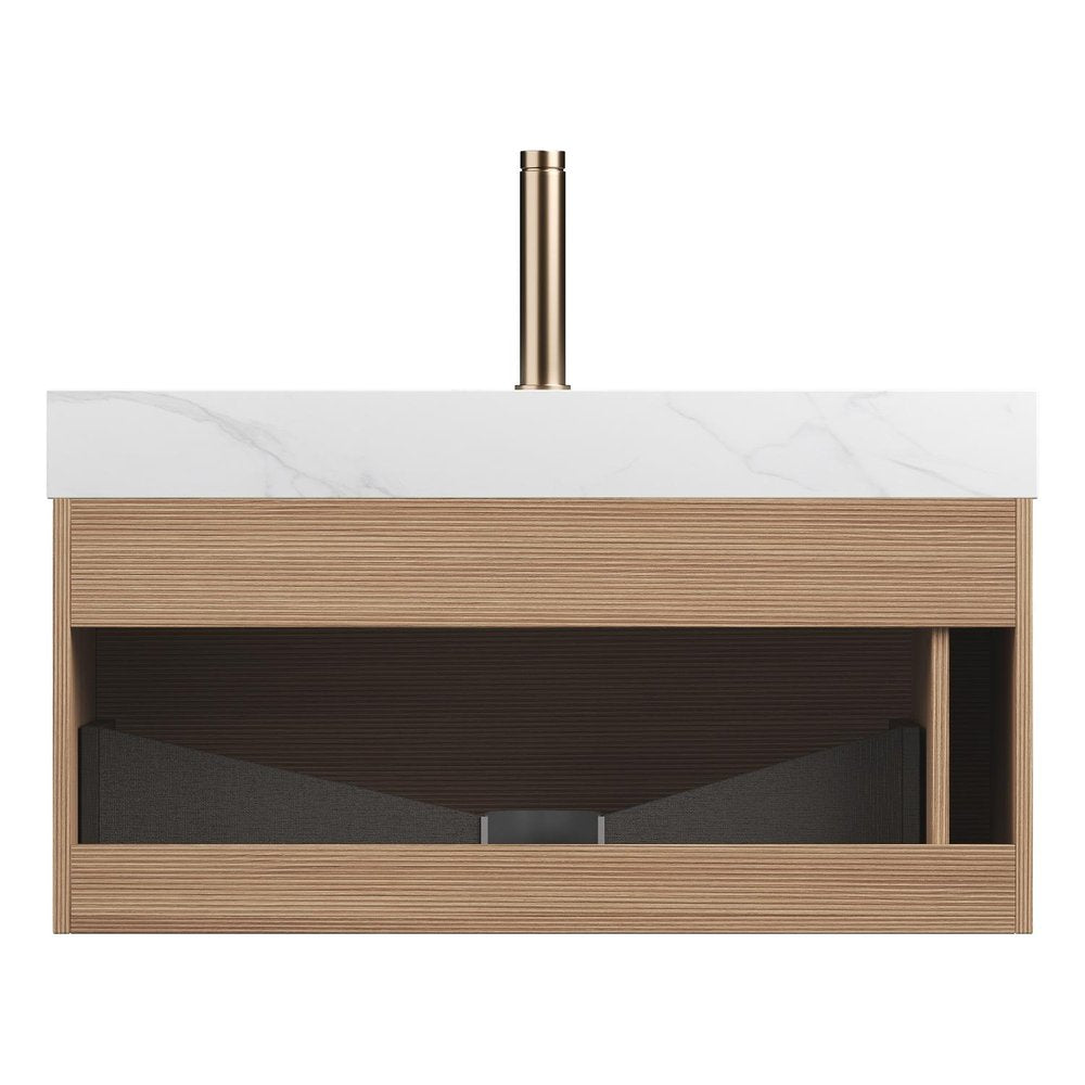 36" Brown Wood Floating Bathroom Vanity With White Sink