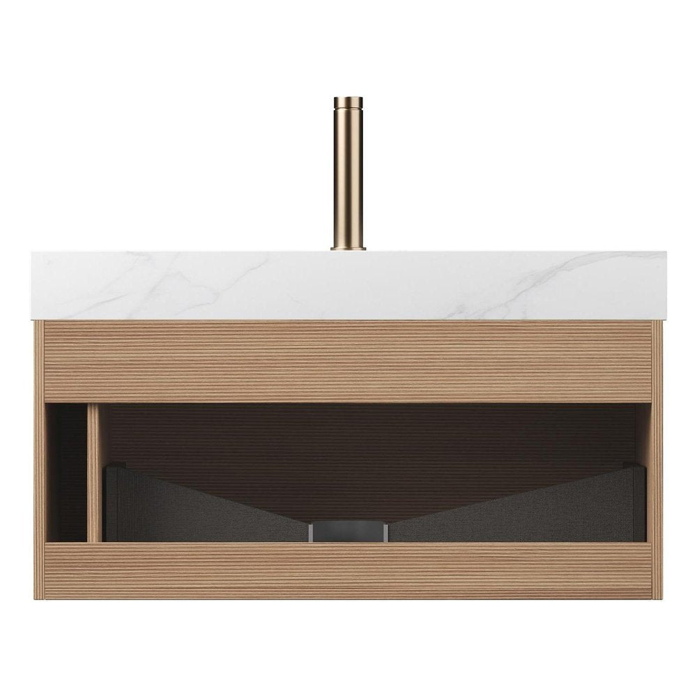 36" Brown Wood Floating Bathroom Vanity With White Sink