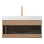 36" Brown Wood Floating Bathroom Vanity With White Sink