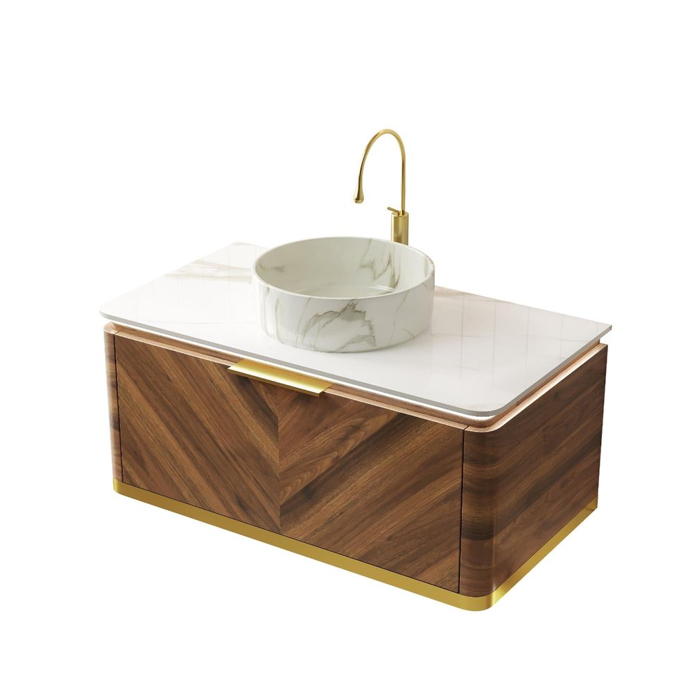 36" Brown Wood Floating Bathroom Vanity With White Sink