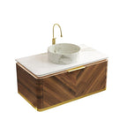 36" Brown Wood Floating Bathroom Vanity With White Sink