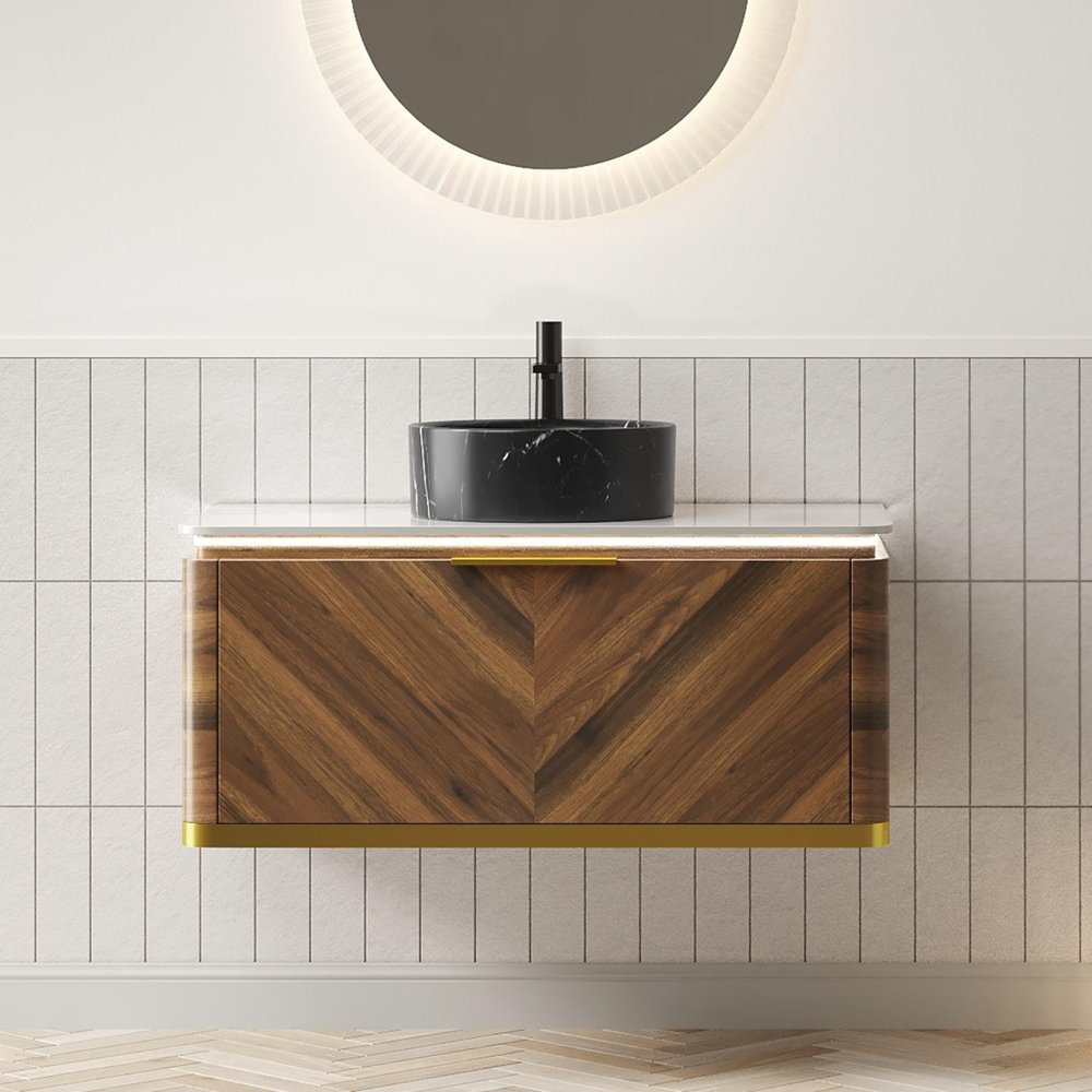 36" Brown Wood Floating Bathroom Vanity With Black Sink