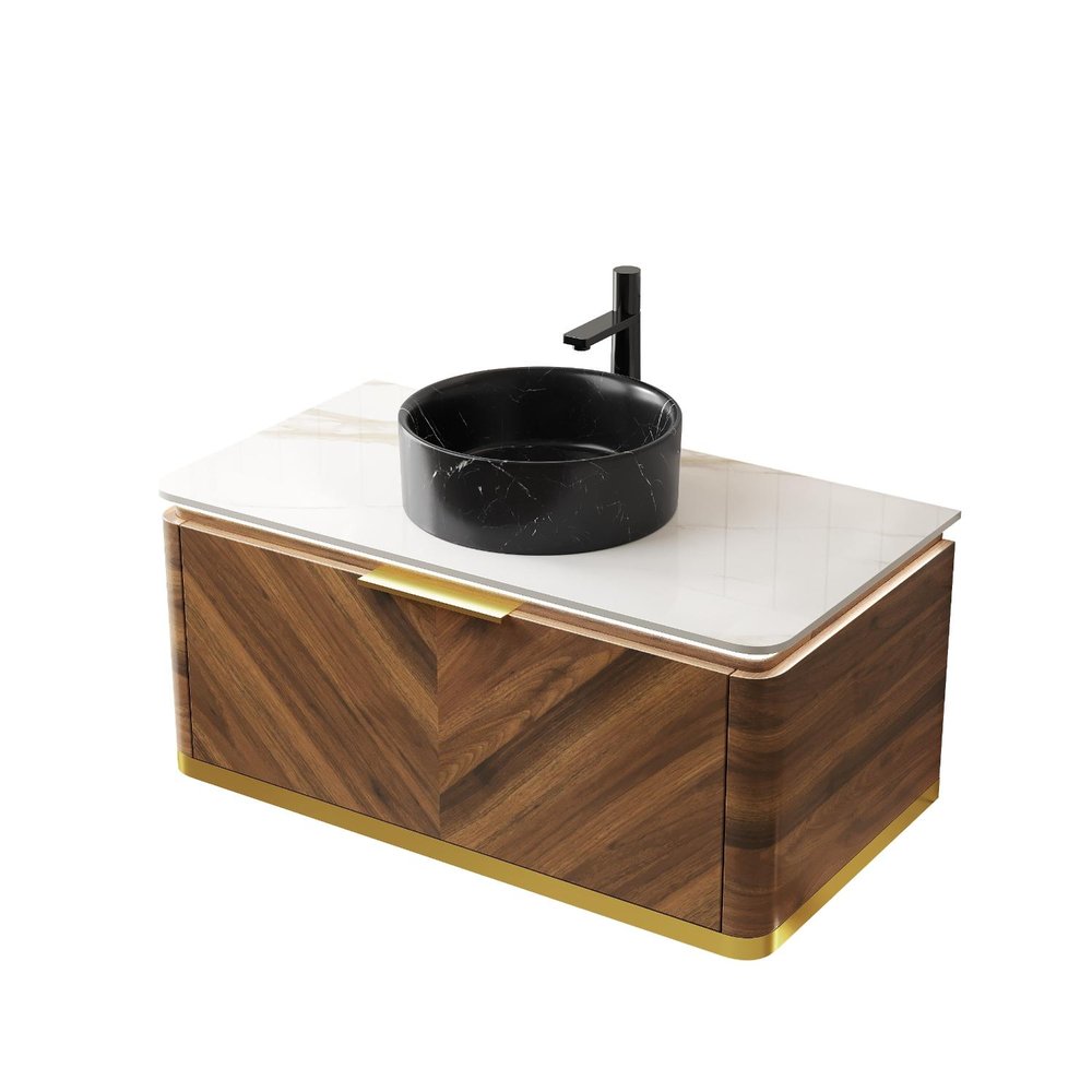 36" Brown Wood Floating Bathroom Vanity With Black Sink