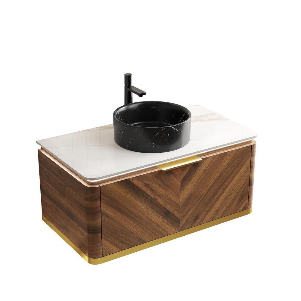36" Brown Wood Floating Bathroom Vanity With Black Sink