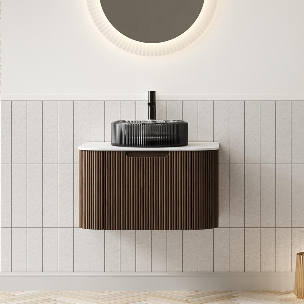 24" Brown Wood Floating Bathroom Vanity With Black Sink
