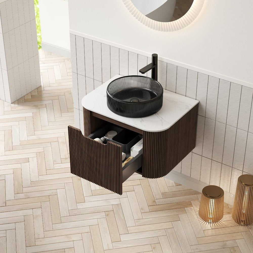 24" Brown Wood Floating Bathroom Vanity With Black Sink