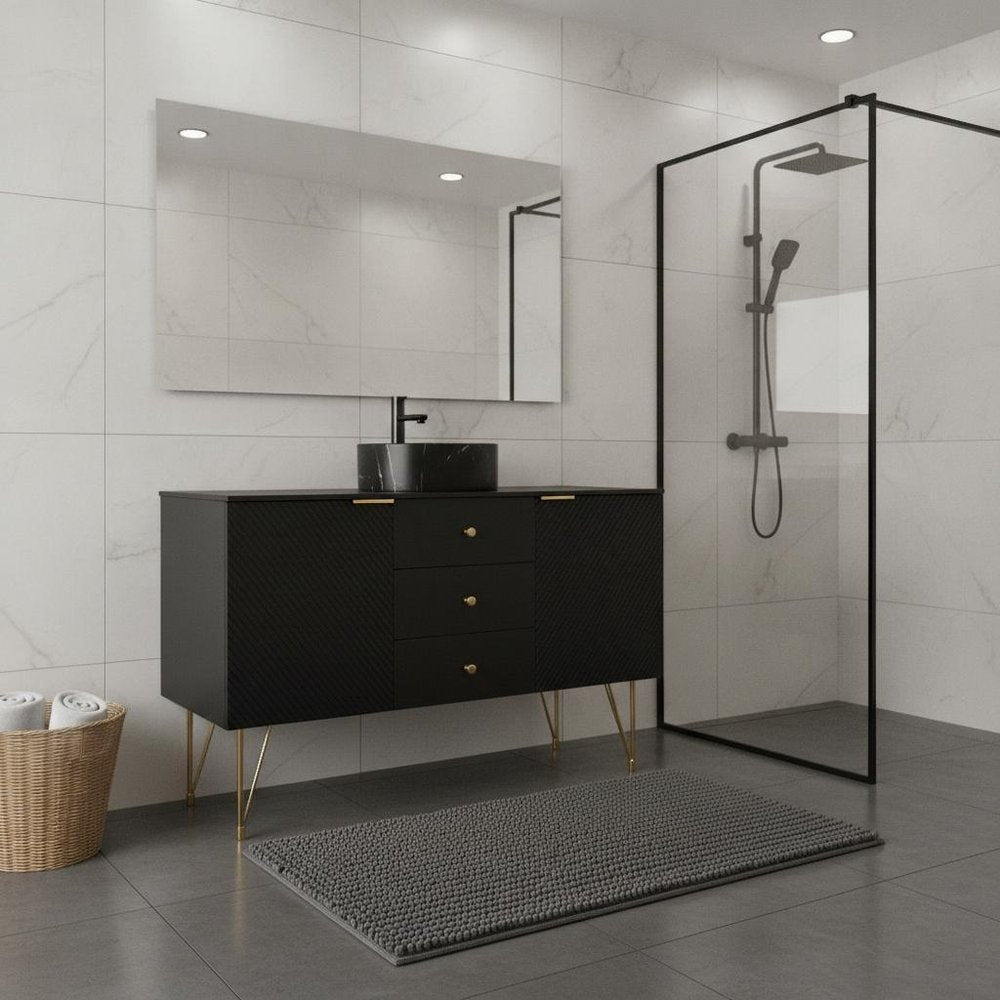 48" Black Wood Freestanding Three Door Bathroom Vanity With Sink And Two Drawers