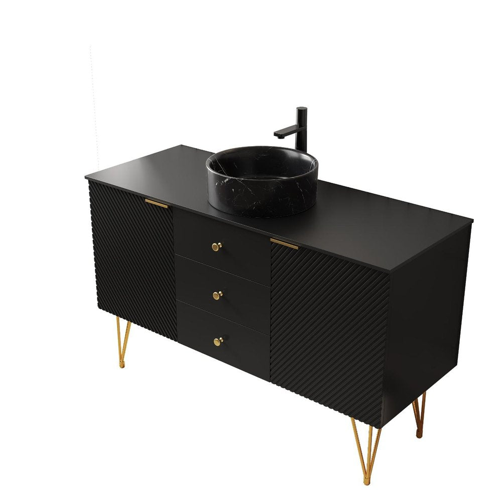 48" Black Wood Freestanding Three Door Bathroom Vanity With Sink And Two Drawers
