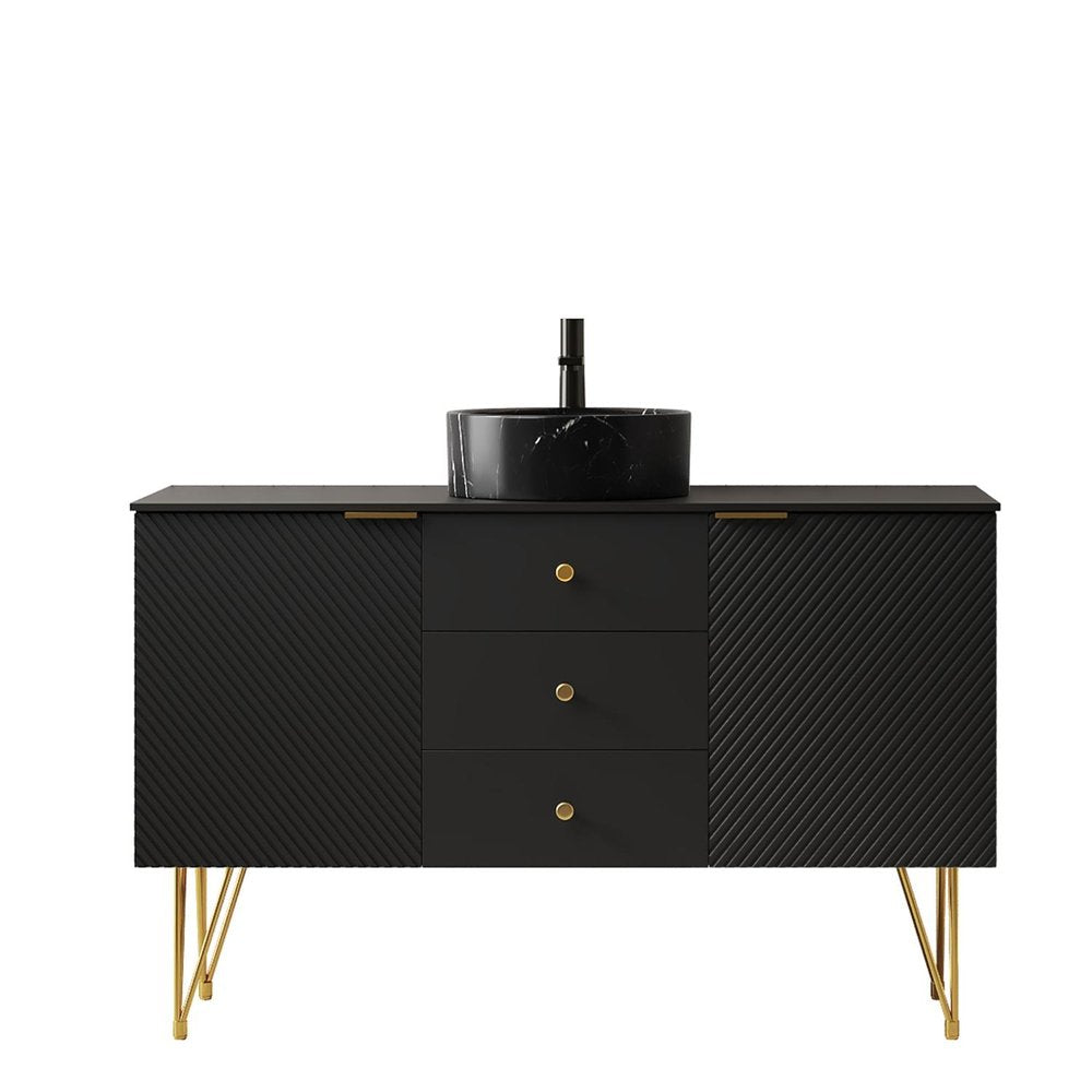48" Black Wood Freestanding Three Door Bathroom Vanity With Sink And Two Drawers