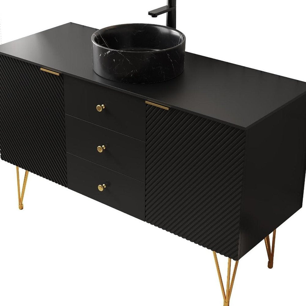 48" Black Wood Freestanding Three Door Bathroom Vanity With Sink And Two Drawers