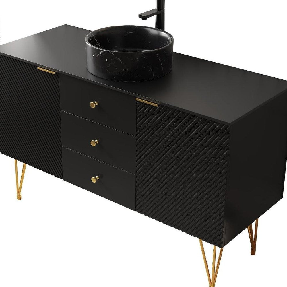 48" Black Wood Freestanding Three Door Bathroom Vanity With Sink And Two Drawers