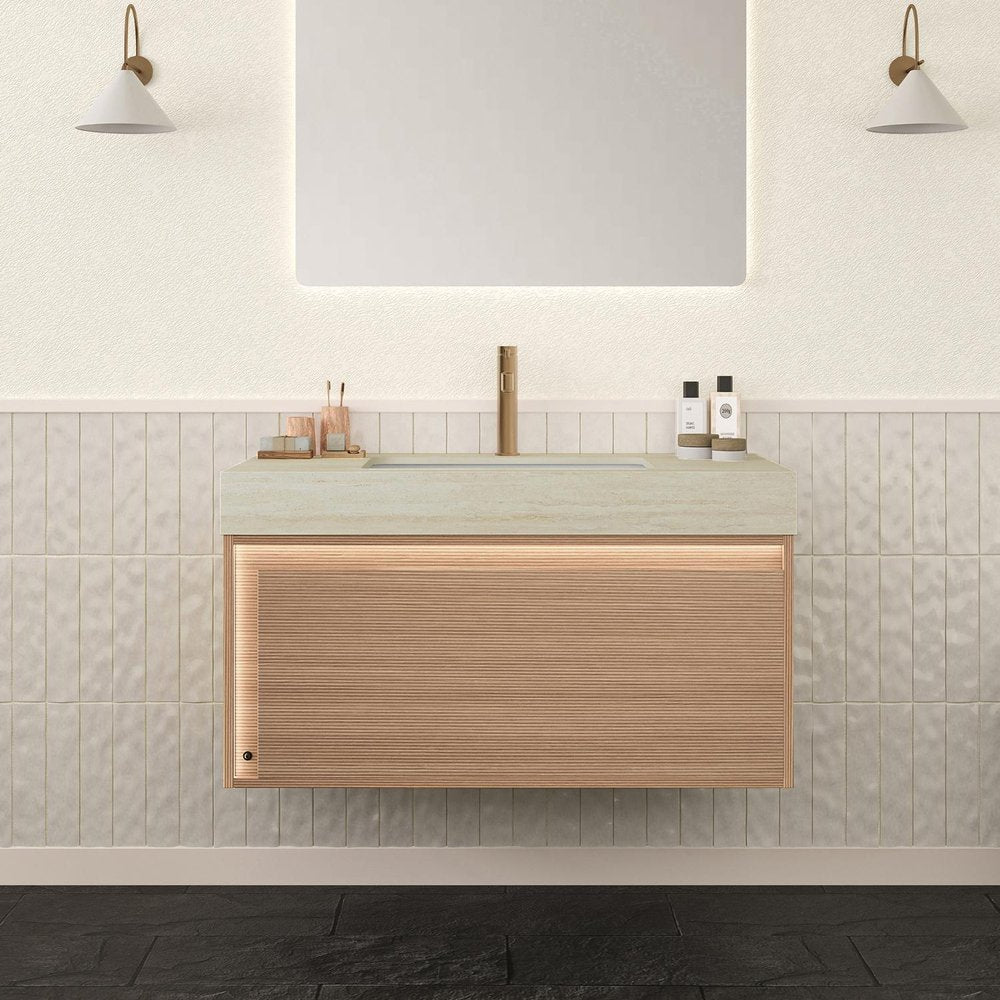 36" Brown Wood Floating Bathroom Vanity With White Sink