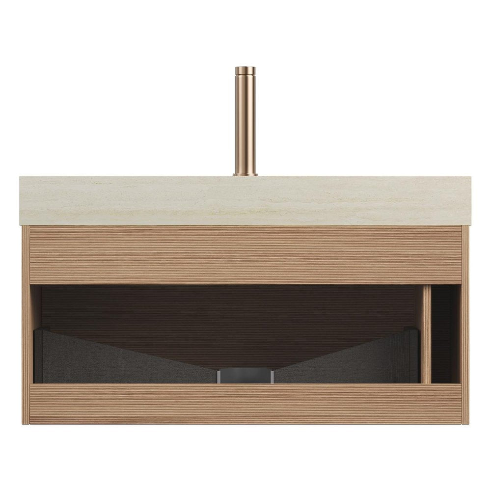36" Brown Wood Floating Bathroom Vanity With White Sink