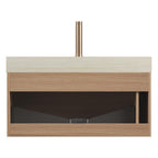 36" Brown Wood Floating Bathroom Vanity With White Sink