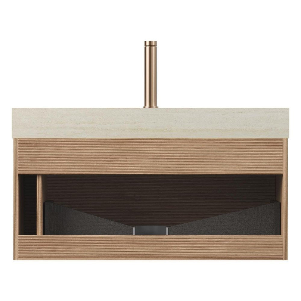 36" Brown Wood Floating Bathroom Vanity With White Sink