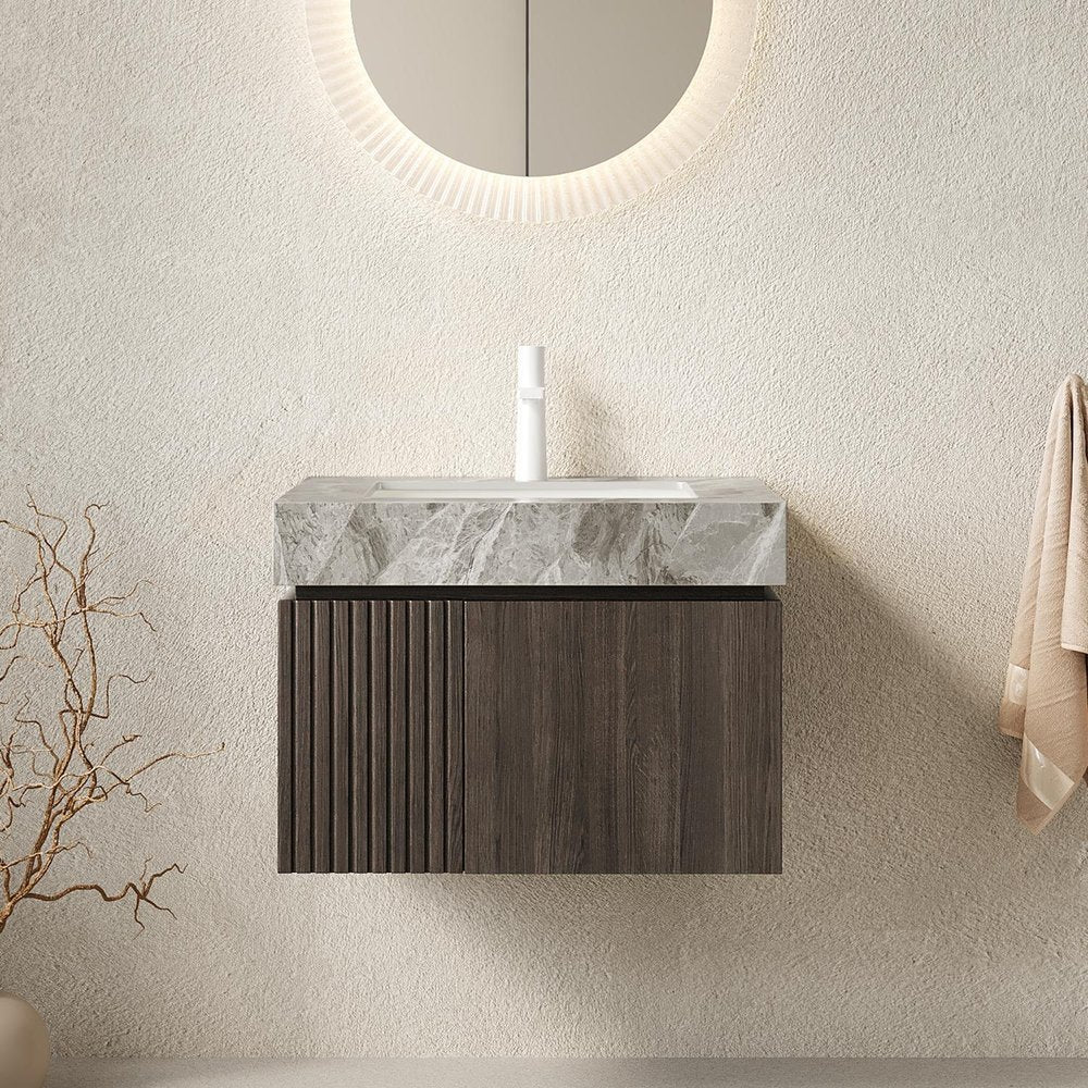 24" Brown Wood Floating Double Door Bathroom Vanity With White Sink