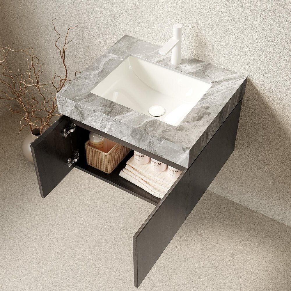 24" Brown Wood Floating Double Door Bathroom Vanity With White Sink