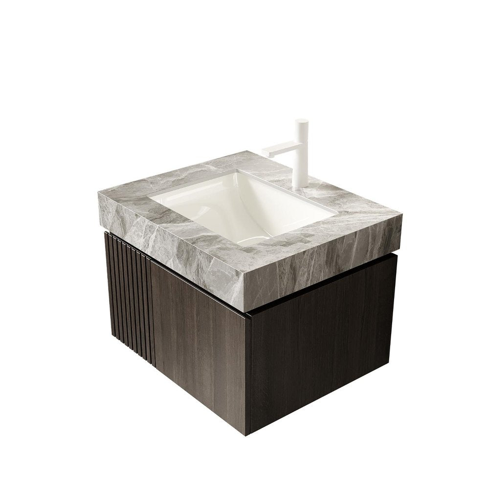 24" Brown Wood Floating Double Door Bathroom Vanity With White Sink