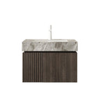 24" Brown Wood Floating Double Door Bathroom Vanity With White Sink