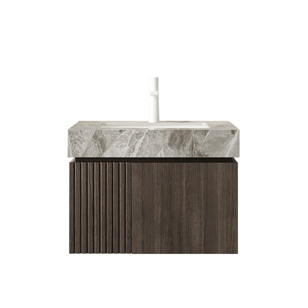 24" Brown Wood Floating Double Door Bathroom Vanity With White Sink