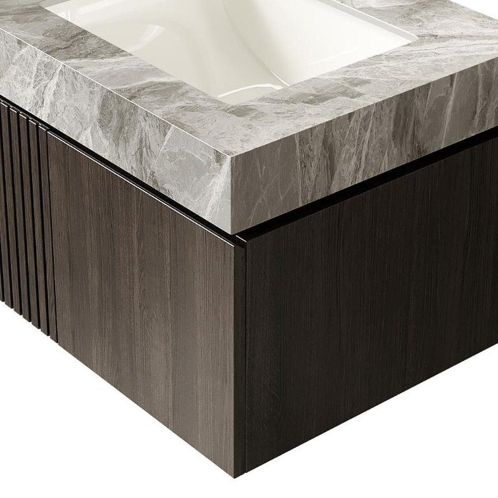 24" Brown Wood Floating Double Door Bathroom Vanity With White Sink