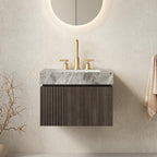 24" Brown Wood Floating Double Door Bathroom Vanity With White Sink