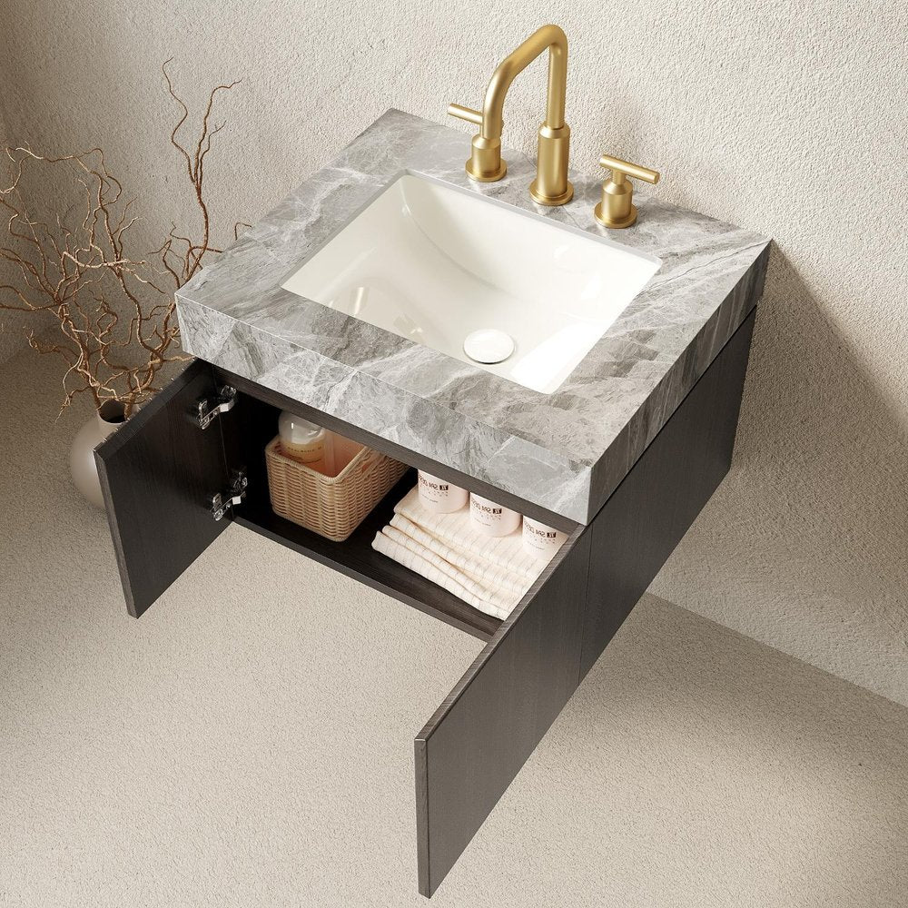 24" Brown Wood Floating Double Door Bathroom Vanity With White Sink