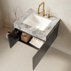 24" Brown Wood Floating Double Door Bathroom Vanity With White Sink