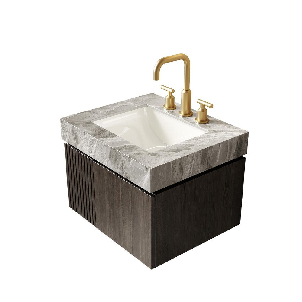24" Brown Wood Floating Double Door Bathroom Vanity With White Sink