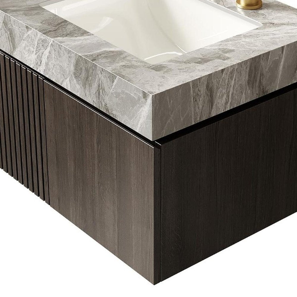 24" Brown Wood Floating Double Door Bathroom Vanity With White Sink